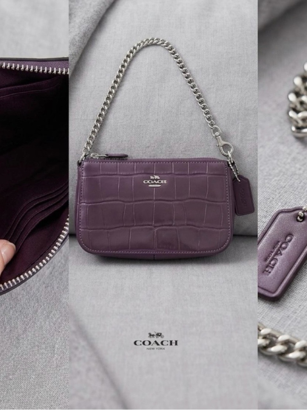 Coach Purple Croc-Embossed Mini Shoulder Bag with Silver Chain